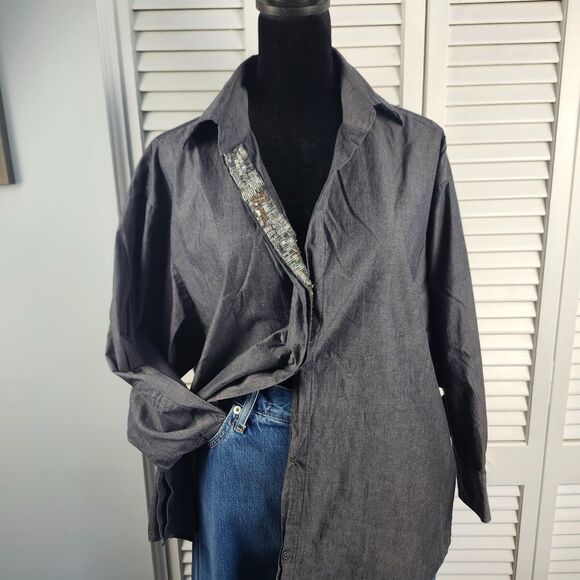 Tracy M Gray Button Up Shirt M Beaded Trim Long Sleeve Cotton Blouse Top Y2K - Picture 1 of 8